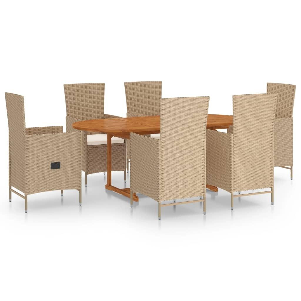 vidaXL spisebordssæt til haven 7 dele polyrattan beige
