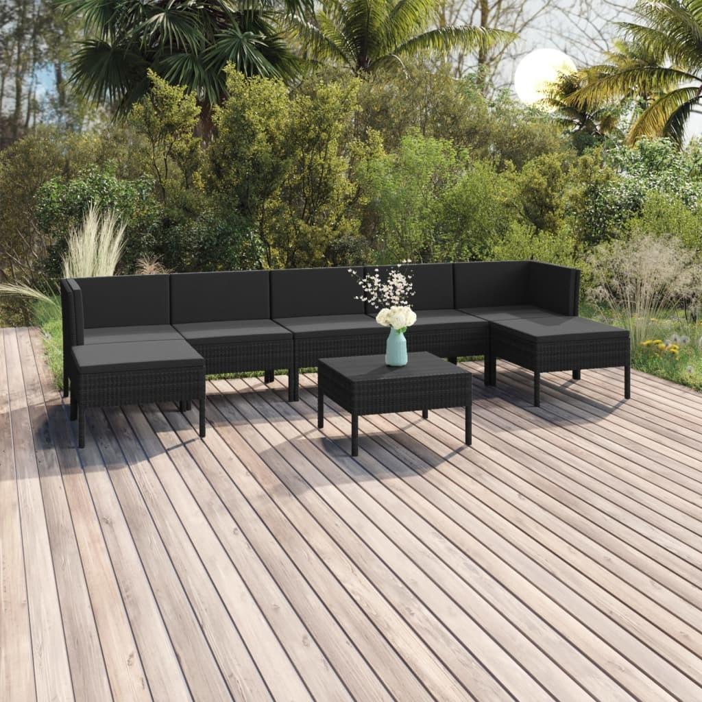 Loungesæt Til Haven 5 Dele Med Hynder Polyrattan Sort - 2x hjørnedel 3x midterdel 2x fodskammel bord