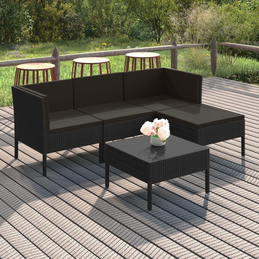 Loungesæt Til Haven 6 Dele Med Hynder Polyrattan Sort - 2x hjørnedel midterdel fodskammel bord