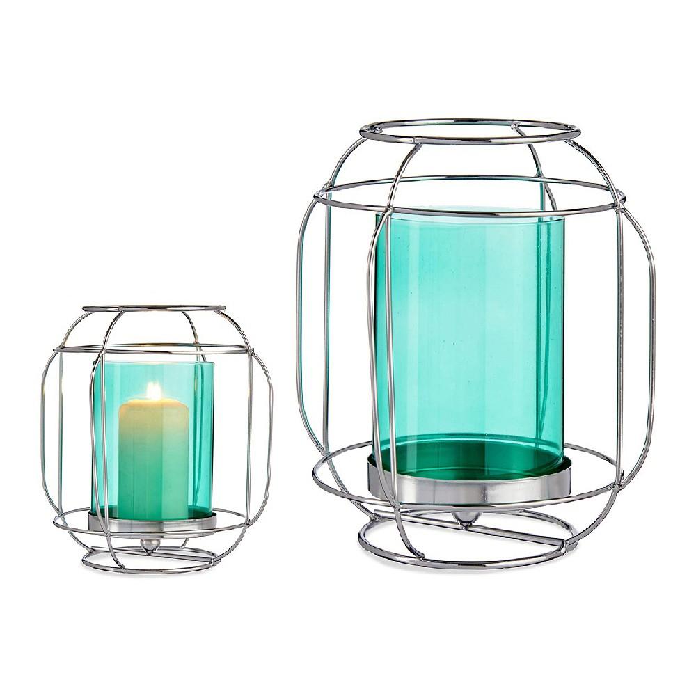 Lyseholder Sølvfarvet Blå Lanterna Metal Glas 19 X 20 X 19 Cm