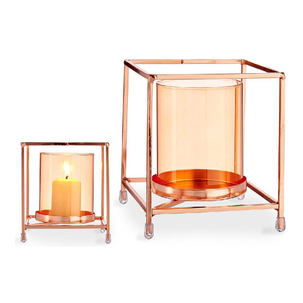 Lyseholder Firkantet Kobber Rav Metal Glas