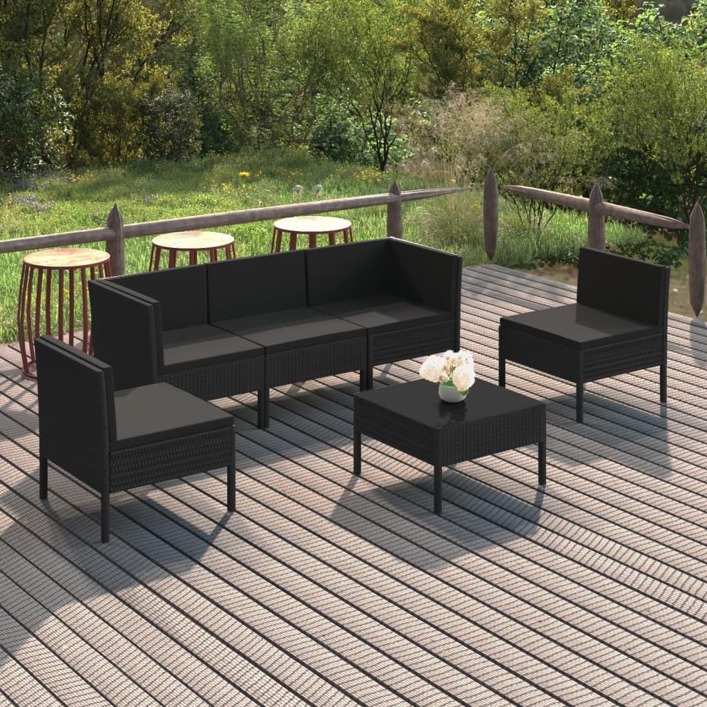 Loungesæt Til Haven 6 Dele Med Hynder Polyrattan Sort - 2x hjørnedel 3x midterdel bord