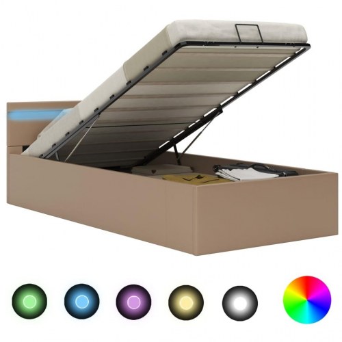Hydraulisk opbevaringsseng med LED 100×200 cm - kunstlæder, cappuccino