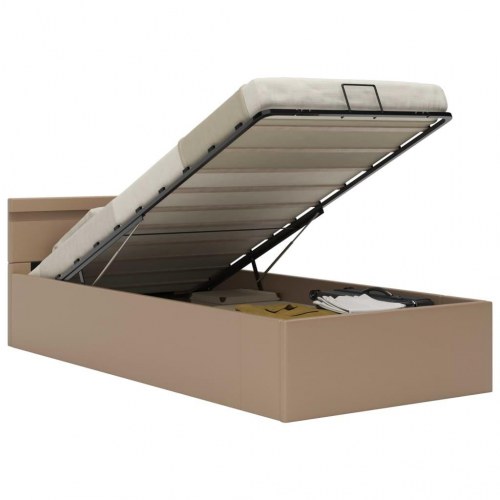 Hydraulisk opbevaringsseng med LED 100×200 cm - kunstlæder, cappuccino