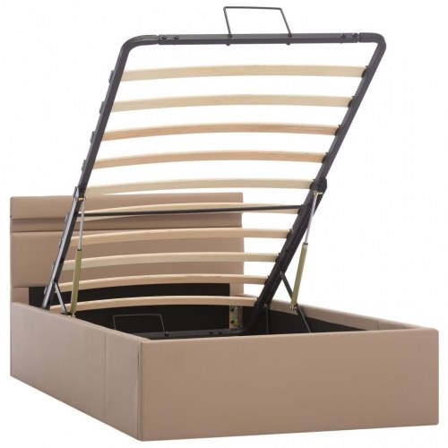 Hydraulisk opbevaringsseng med LED 100×200 cm - kunstlæder, cappuccino