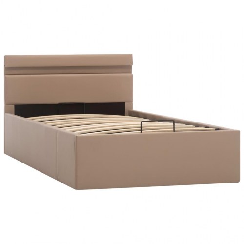 Hydraulisk opbevaringsseng med LED 100×200 cm - kunstlæder, cappuccino