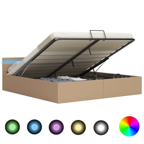 Hydraulisk opbevaringsseng med LED 180×200 cm - kunstlæder, cappuccino