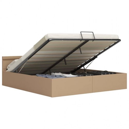 Hydraulisk opbevaringsseng med LED 180×200 cm - kunstlæder, cappuccino