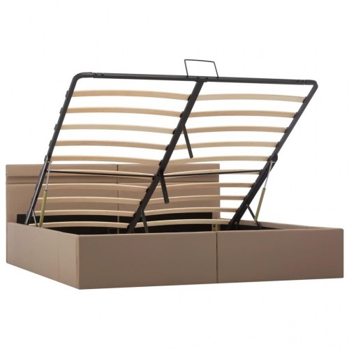 Hydraulisk opbevaringsseng med LED 180×200 cm - kunstlæder, cappuccino