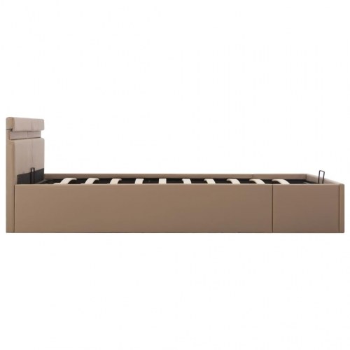 Hydraulisk opbevaringsseng med LED 180×200 cm - kunstlæder, cappuccino