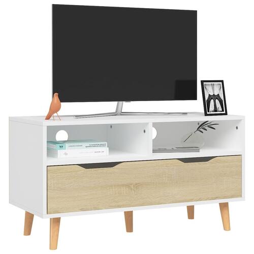 Tv-bord 90x40x48,5 cm konstrueret træ hvid og sonoma-eg
