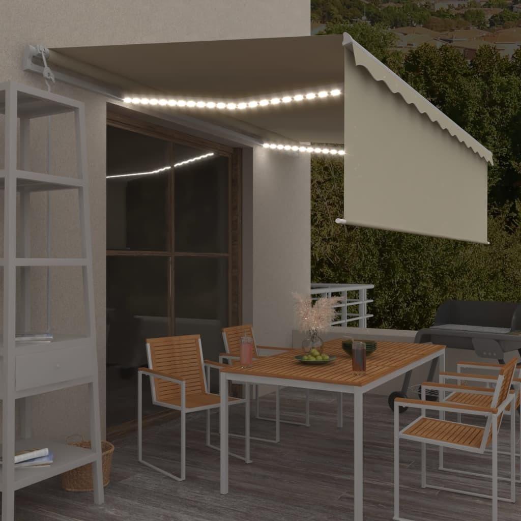Markise Gardin+led+vindsensor 5x3 Automatisk Cremefarvet