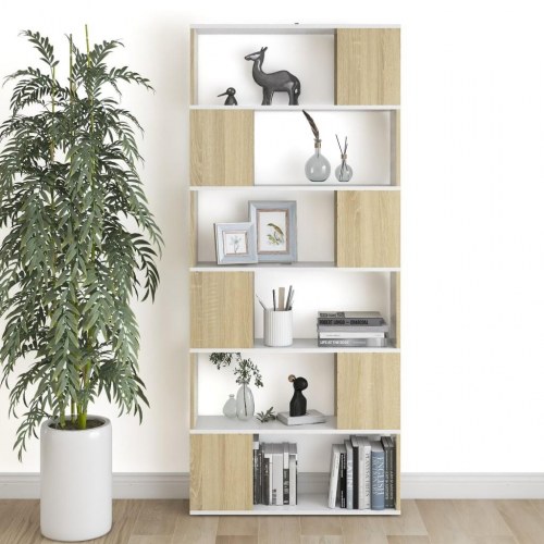 Bogreol/rumdeler 80x24x186 cm konstrueret træ hvid og sonoma-eg