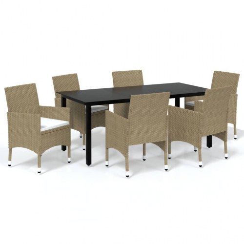 Spisebordssæt til haven med hynder - 7 dele, polyrattan, beige
