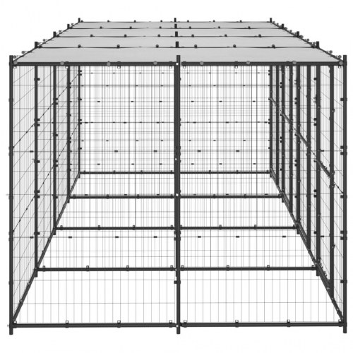 Udendørs hundegård med tag 9,68 m² - stål, sort/sølv