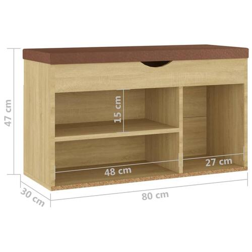 Skobænk med hynde 80x30x47 cm spånplade hvid og sonoma-eg