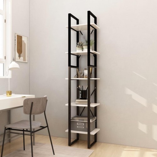 Bogreol 40×30×175 cm med 5 hylder - massivt fyrretræ, hvid/sort metalstel