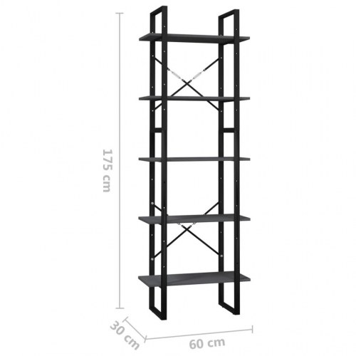 Bogreol med 5 hylder 60 x 30 x 175 cm i massivt fyrretræ - grå