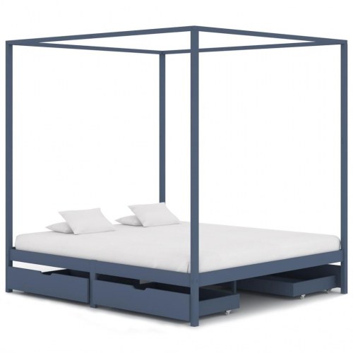 Sengestel til himmelseng med 4 skuffer 160x200 cm fyrretræ grå