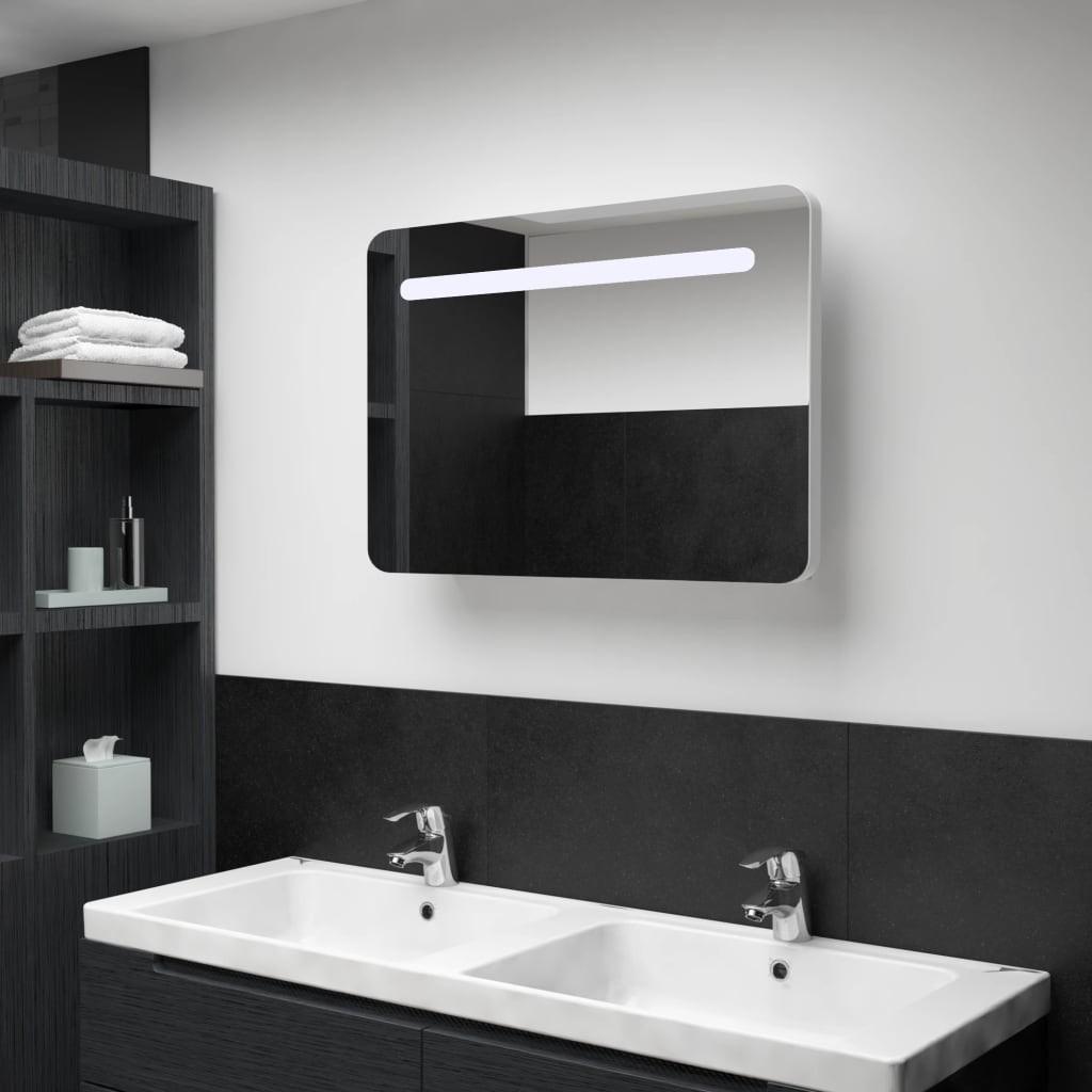 Badeværelsesskab med spejl + LED-lys 80x9,5x55 cm