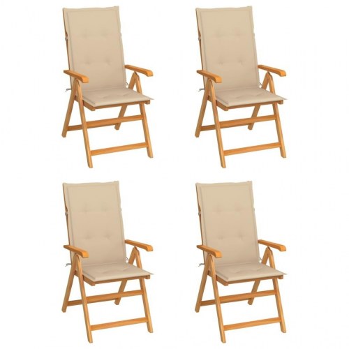 Havestole i massivt teaktræ med beige hynder - 4 stk. foldbare, 7 positioner