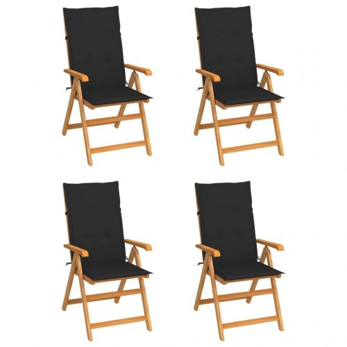 Havestole 4 stk. med sorte hynder i massivt teaktræ - foldbare med 7 positioner
