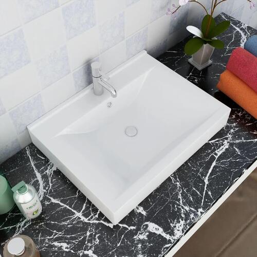Keramisk firkantet håndvask m. overløb og hanehul 60x46 cm
