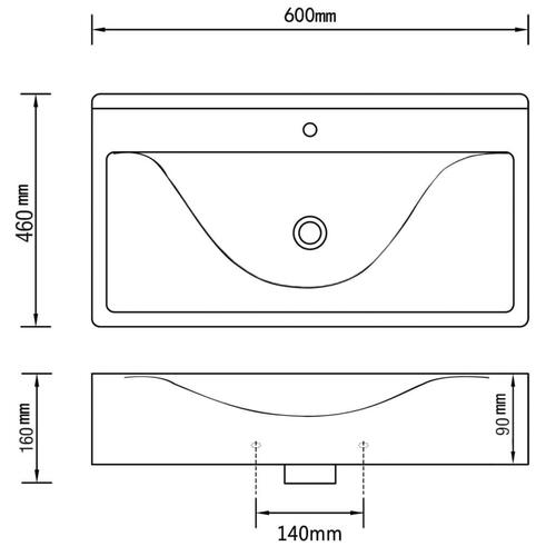 Keramisk firkantet håndvask m. overløb og hanehul 60x46 cm