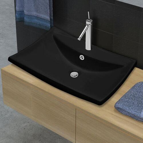 Keramisk rektangulær håndvask m. overløb &amp; hul til hane sort