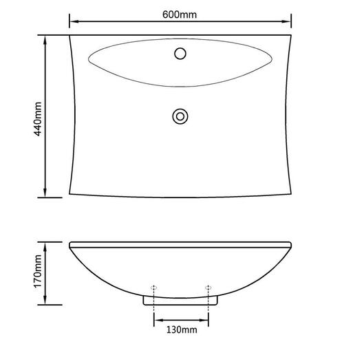 Keramisk rektangulær håndvask m. overløb &amp; hul til hane sort