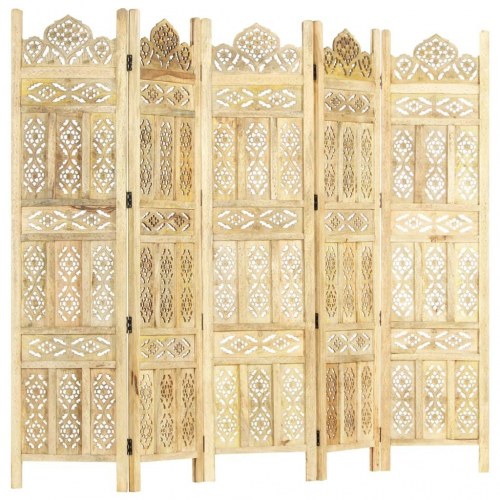 Rumdeler i massivt mangotræ - håndskåret 5-panel, 200 × 165 cm
