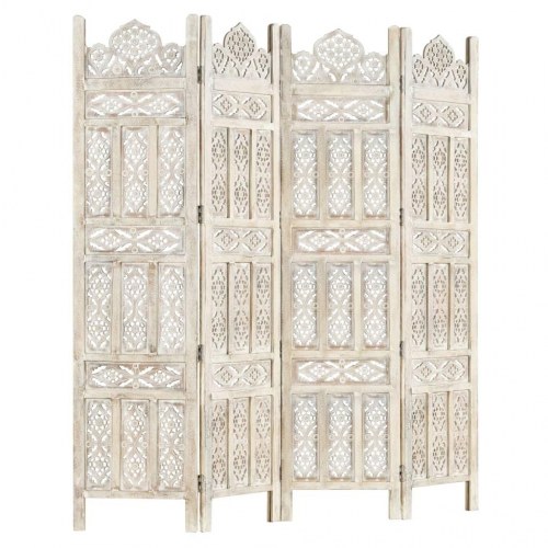 4-panels rumdeler håndskåret 160 x 165 cm massivt mangotræ hvid