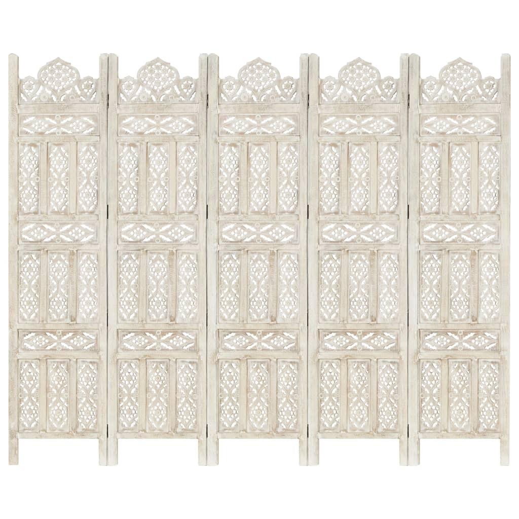 5-panels rumdeler håndskåret 200 x 165 cm massivt mangotræ hvid
