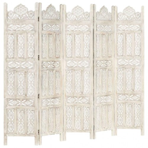 5-panels rumdeler - håndskåret, 200 × 165 cm, massivt mangotræ, hvid