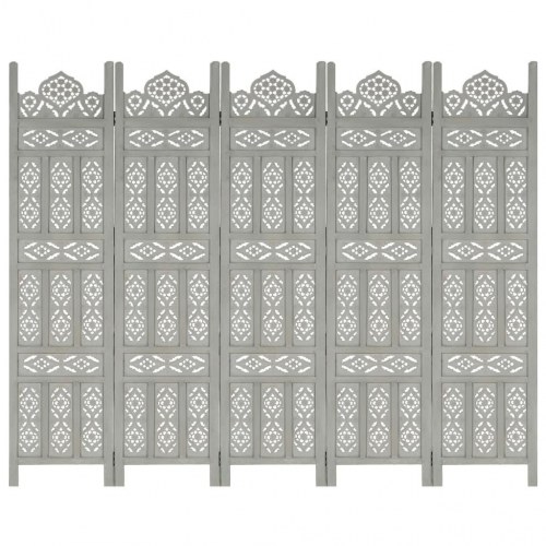 5-panels rumdeler - håndskåret 200 × 165 cm i massivt mangotræ, grå