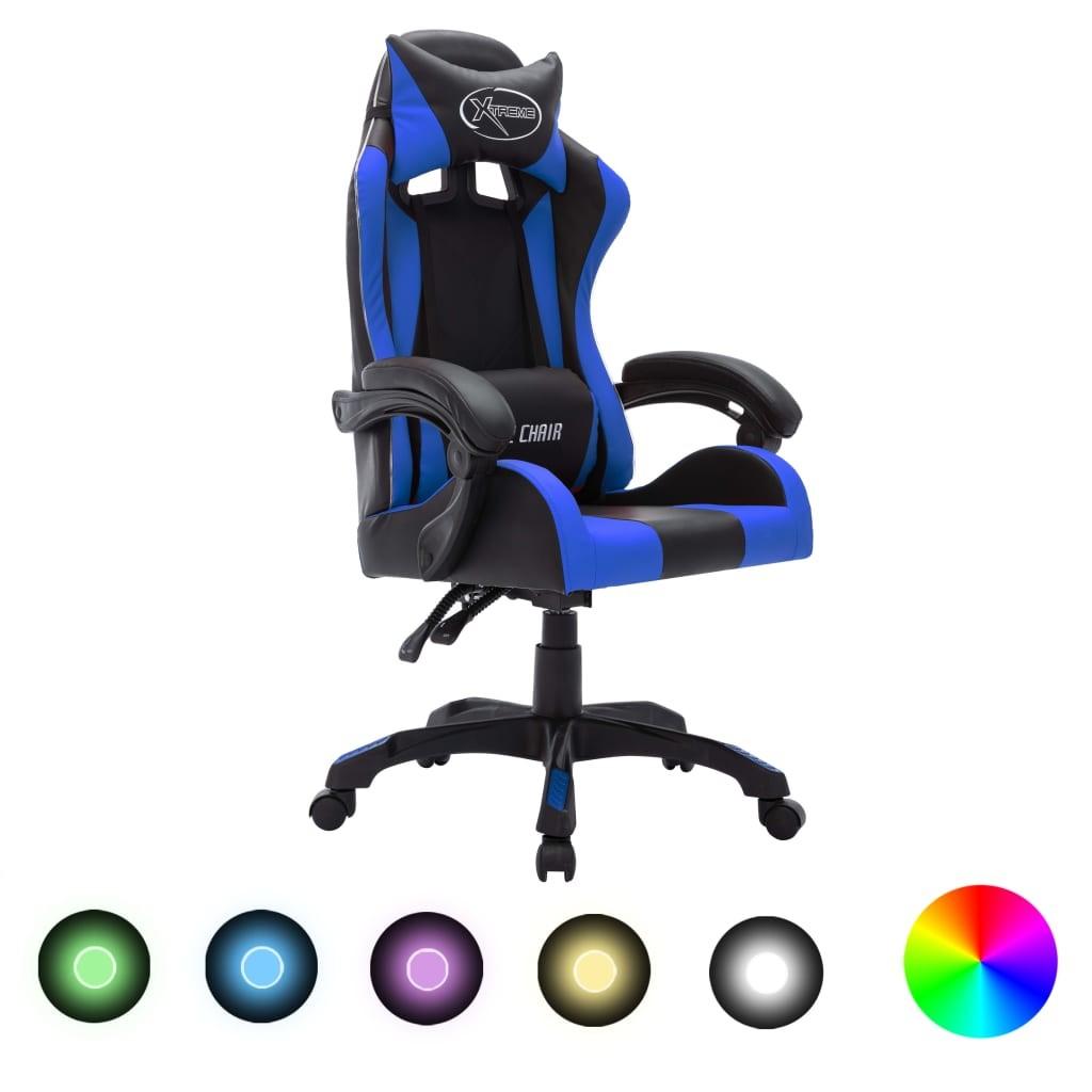 Gamingstol m. LED-lys RGB-farver kunstlæder blå og sort