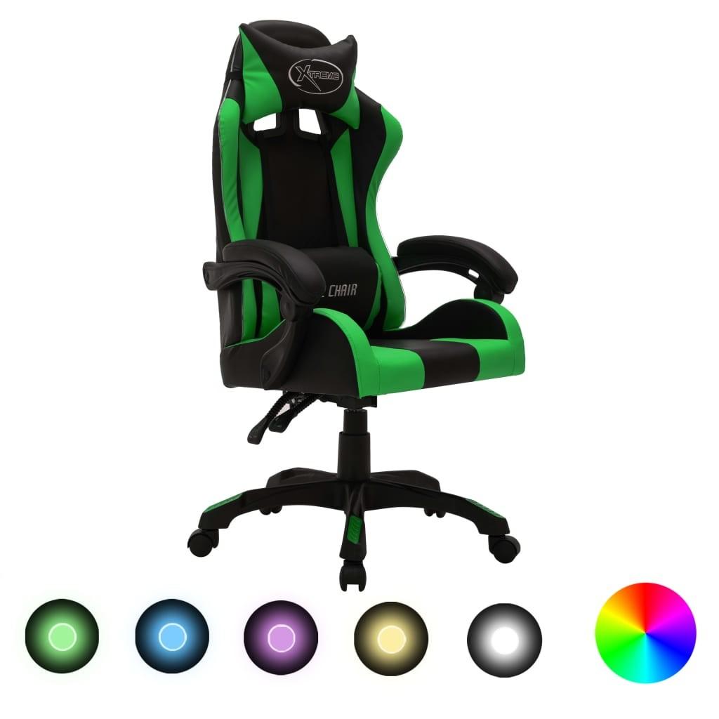 Gamingstol m. LED-lys RGB-farver kunstlæder grøn og sort