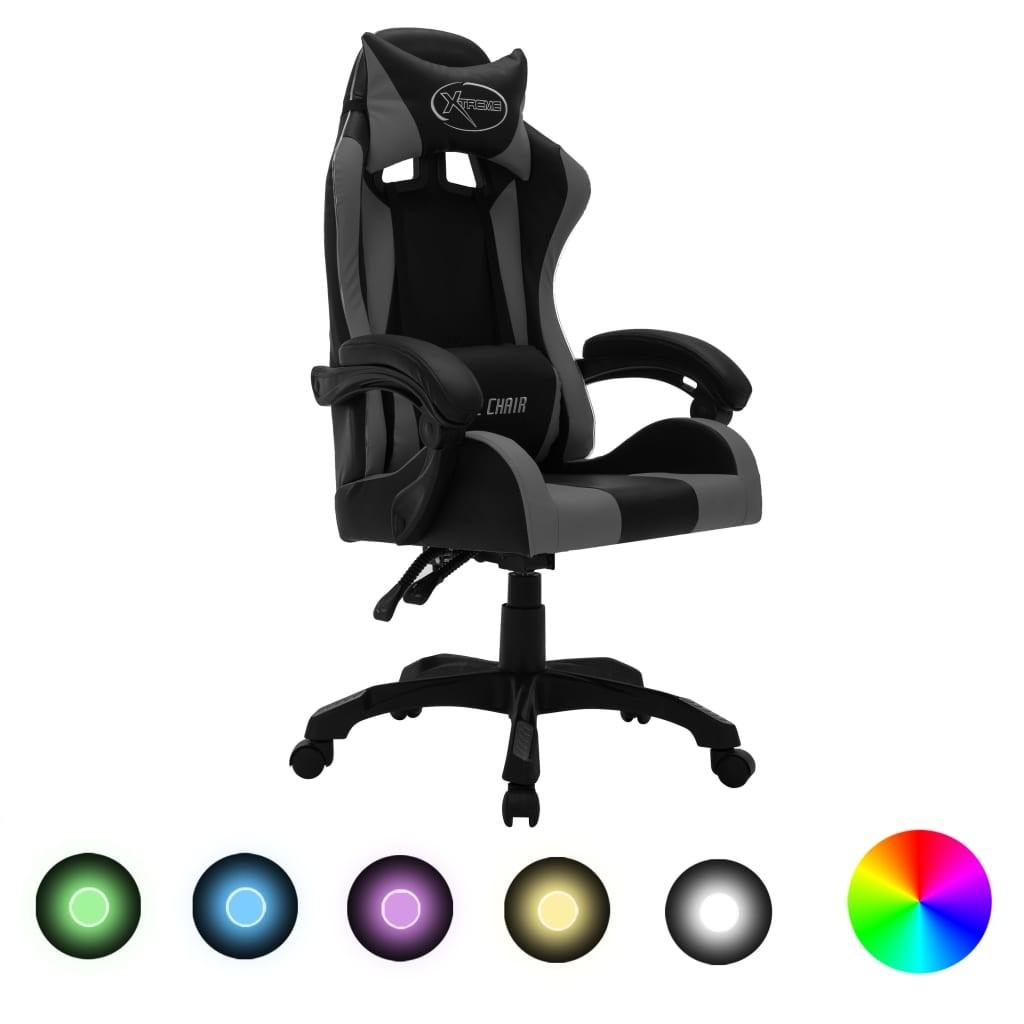 Gamingstol m. LED-lys RGB-farver kunstlæder grå og sort
