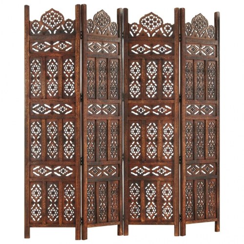 4-panels rumdeler håndskåret 160 x 165 cm massivt mangotræ brun