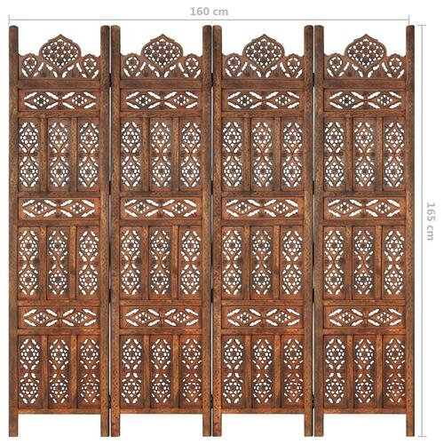 4-panels rumdeler håndskåret 160 x 165 cm massivt mangotræ brun