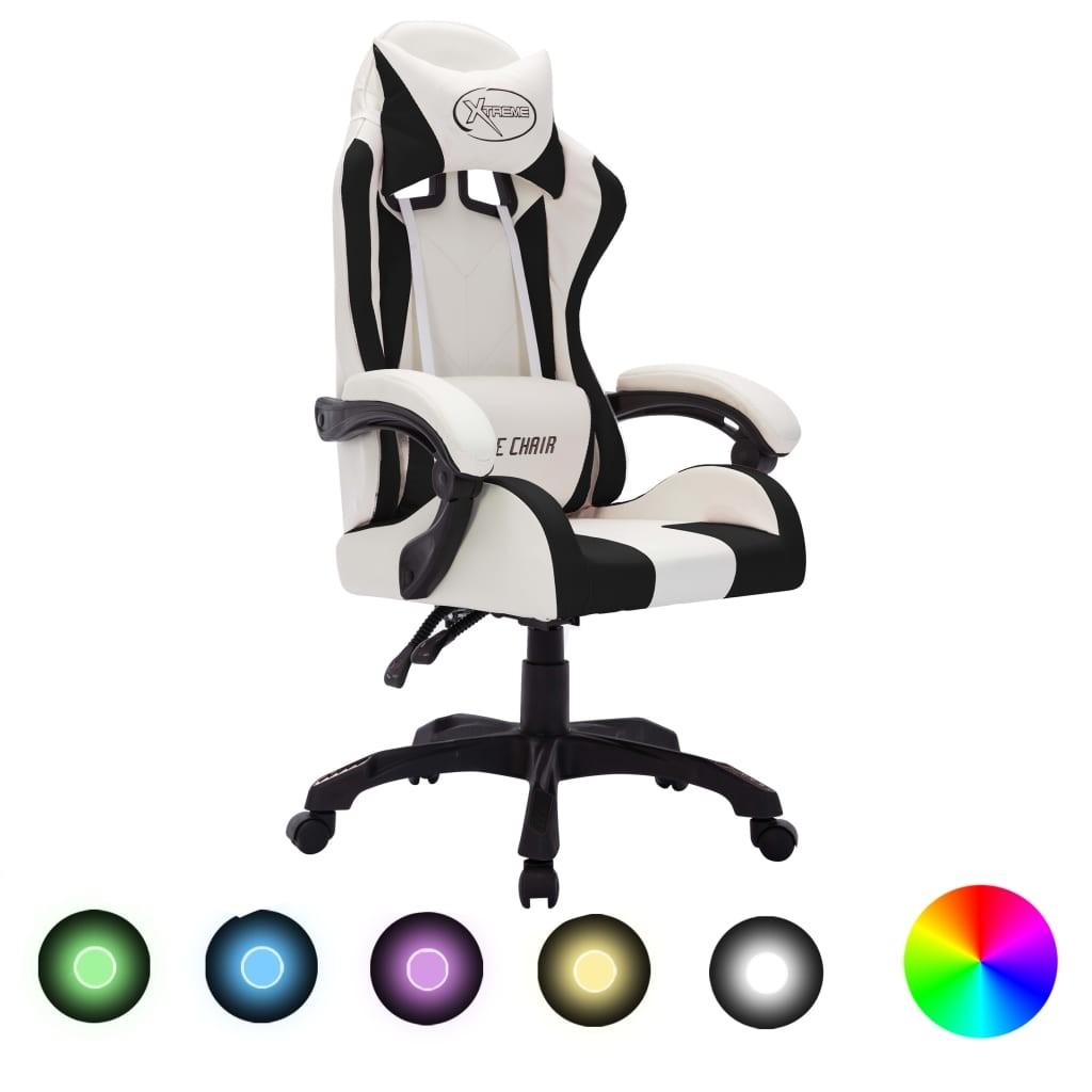 Gamingstol m. LED-lys RGB-farver kunstlæder hvid og sort