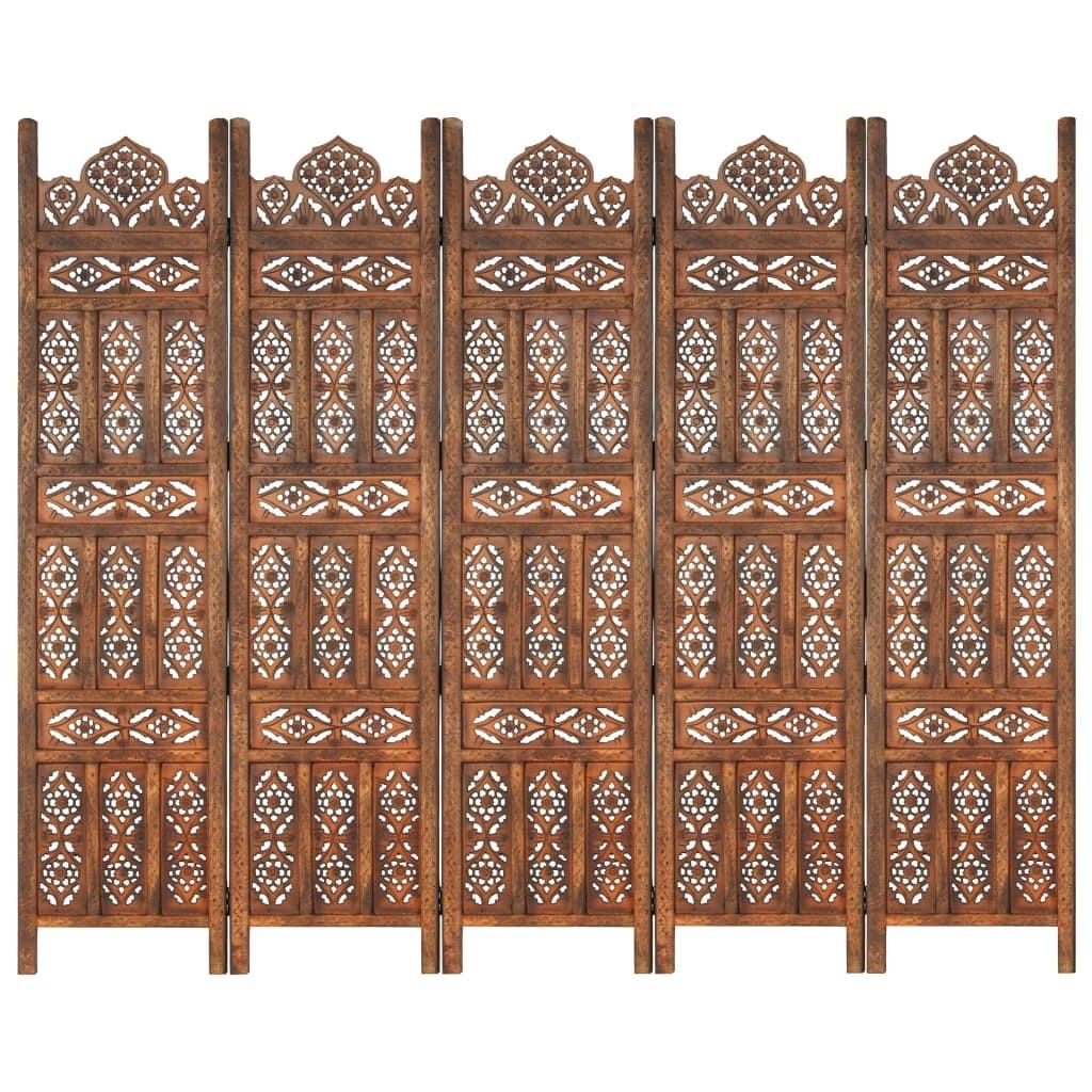 5-panels rumdeler håndskåret 200 x 165 cm massivt mangotræ brun