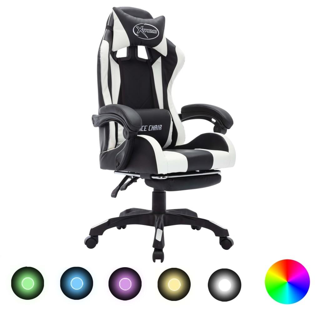 Gamingstol m. LED-lys RGB-farver kunstlæder hvid og sort