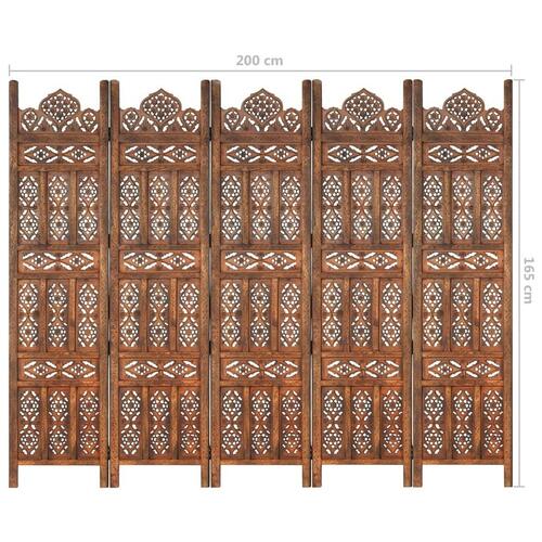 5-panels rumdeler håndskåret 200 x 165 cm massivt mangotræ brun