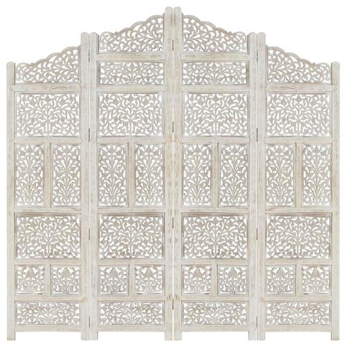 4-panels rumdeler håndskåret 160 x 165 cm massivt mangotræ hvid