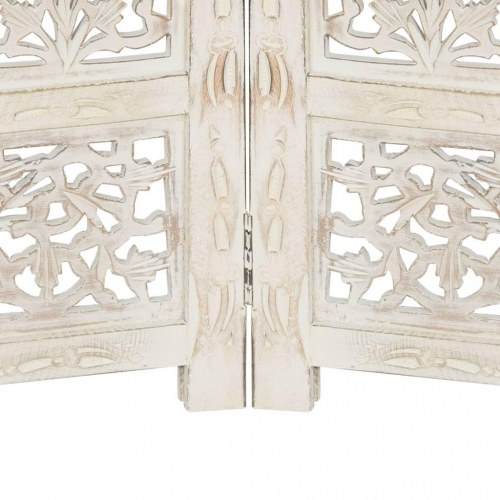 4-panels rumdeler - håndskåret, 160 × 165 cm, massivt mangotræ, hvid