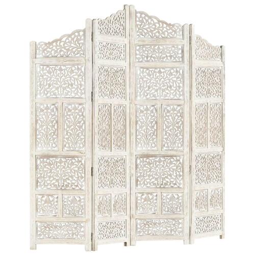 4-panels rumdeler håndskåret 160 x 165 cm massivt mangotræ hvid