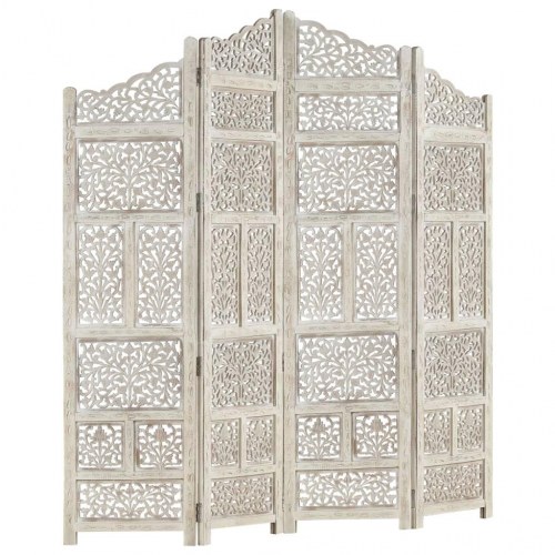 4-panels rumdeler - håndskåret, 160 × 165 cm, massivt mangotræ, hvid