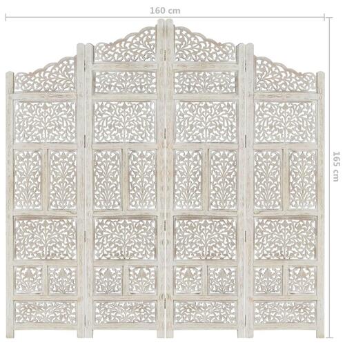 4-panels rumdeler håndskåret 160 x 165 cm massivt mangotræ hvid