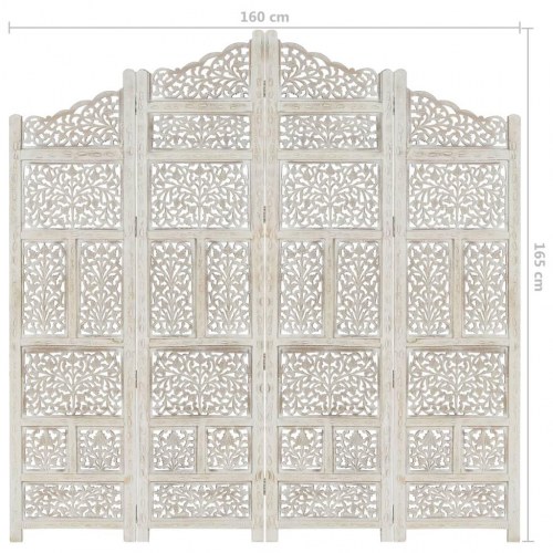 4-panels rumdeler - håndskåret, 160 × 165 cm, massivt mangotræ, hvid